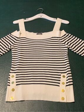 Express White Summer Sweater with navy Stripes nautical buttons